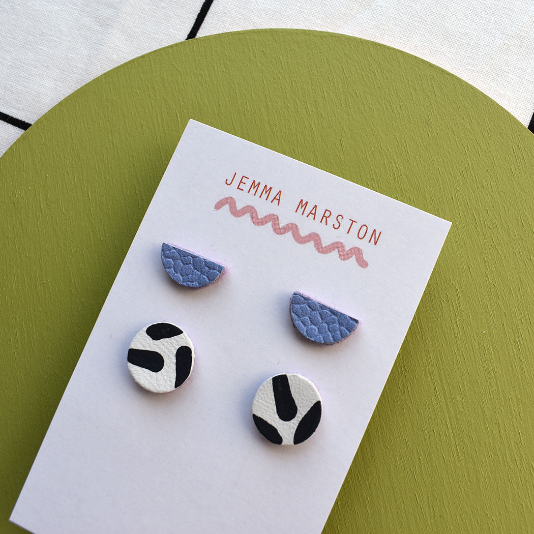 Two Set Of Leather Stud Earrings - Mini Stud And Half Moon Stud