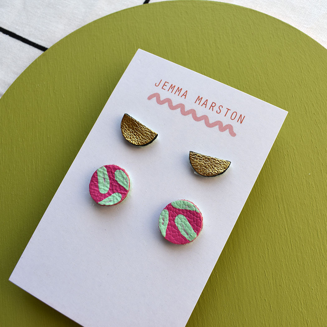 Two Set Of Leather Stud Earrings - Mini Stud And Half Moon Stud