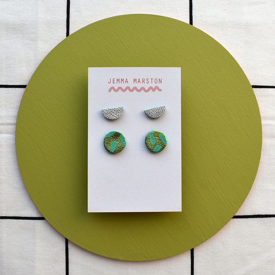 Two Set Of Leather Stud Earrings - Mini Stud And Half Moon Stud